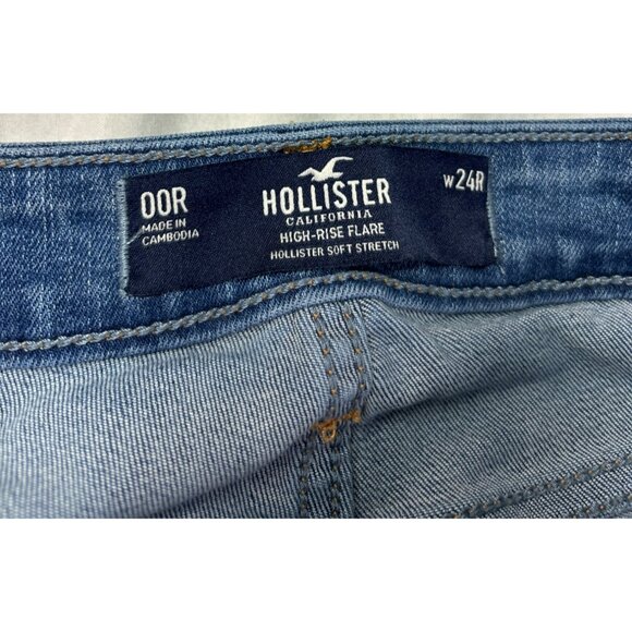 Hollister High Rise Flare Jeans Size 00R Medium Wash Distressed Ripped Knees - Picture 7 of 7